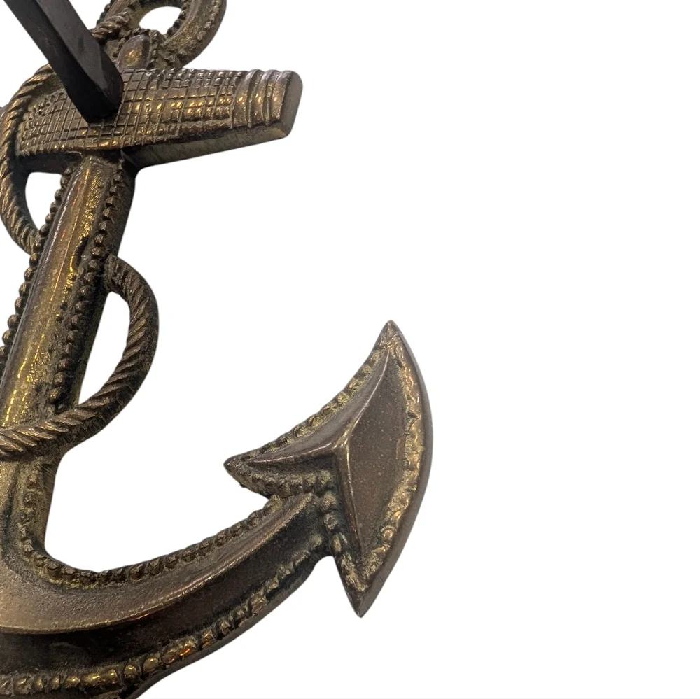 Vintage Large Cast Brass Anchor With Rope, Nautical Wall Mount. 7.5